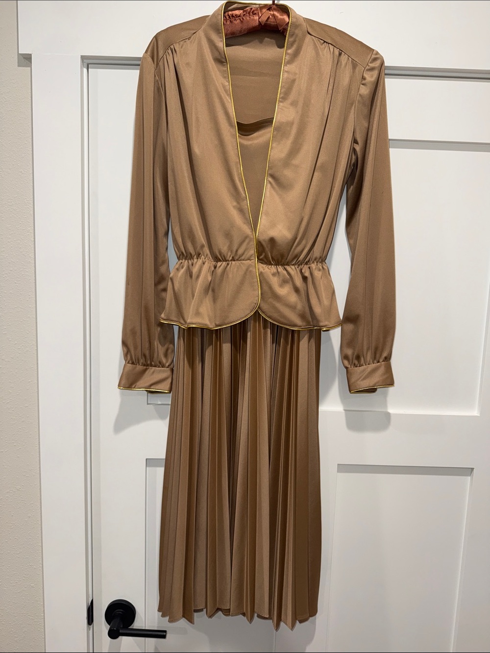 Custom Jadami Vintage Tan Pleated Long Sleeve Two-Piece Dress with Gold Trim.